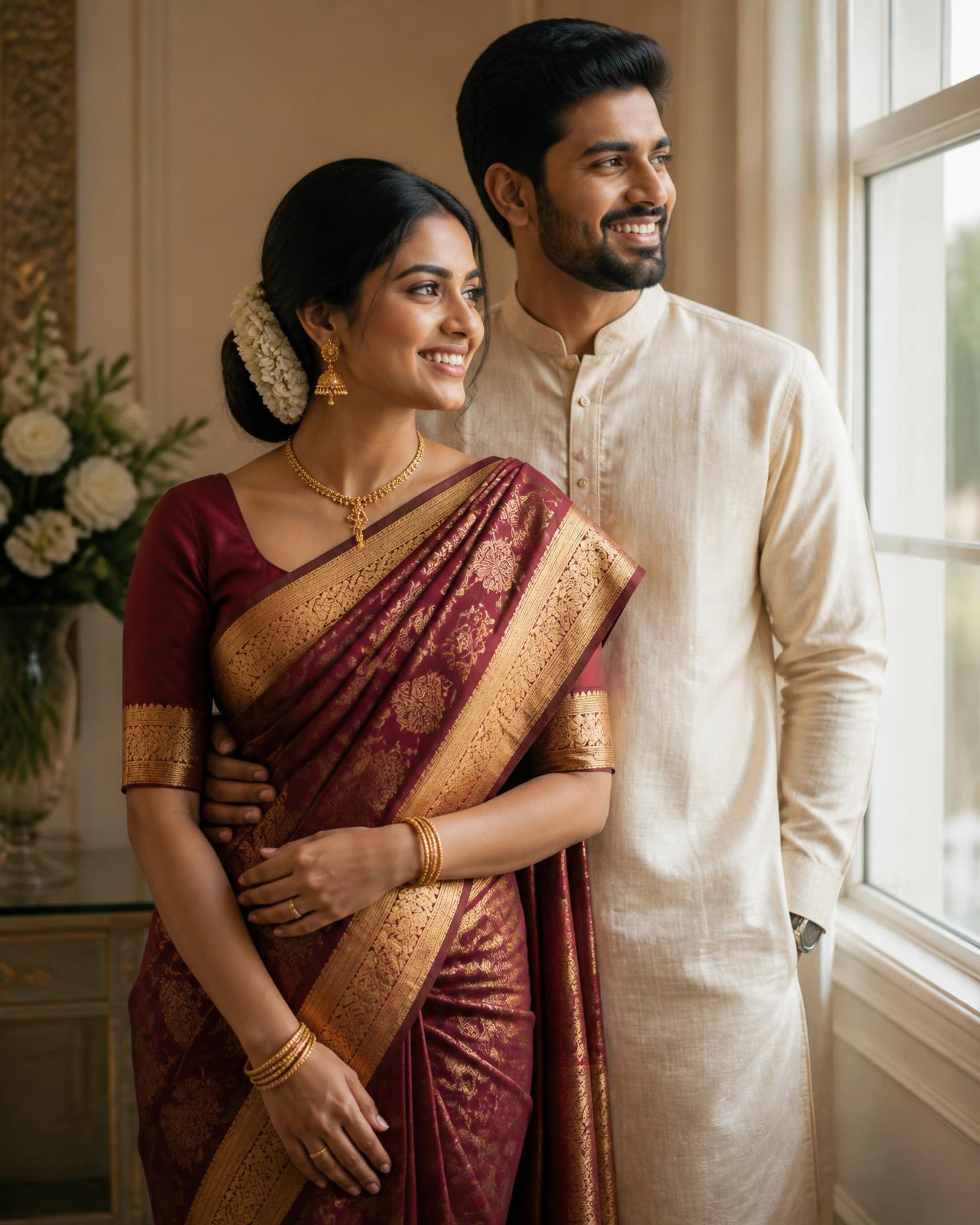 Sri Lankan Tamil couple in traditional attire
